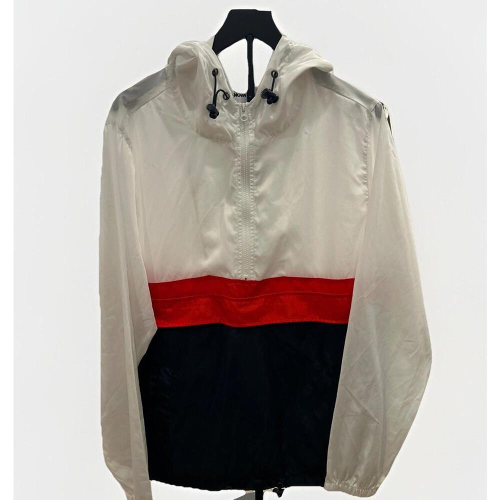 FASHION NOVA 1/2 ZIPPER PULL OVER HOODIE WINDBREAKER - MEN'S Large  WHITE & BLUE